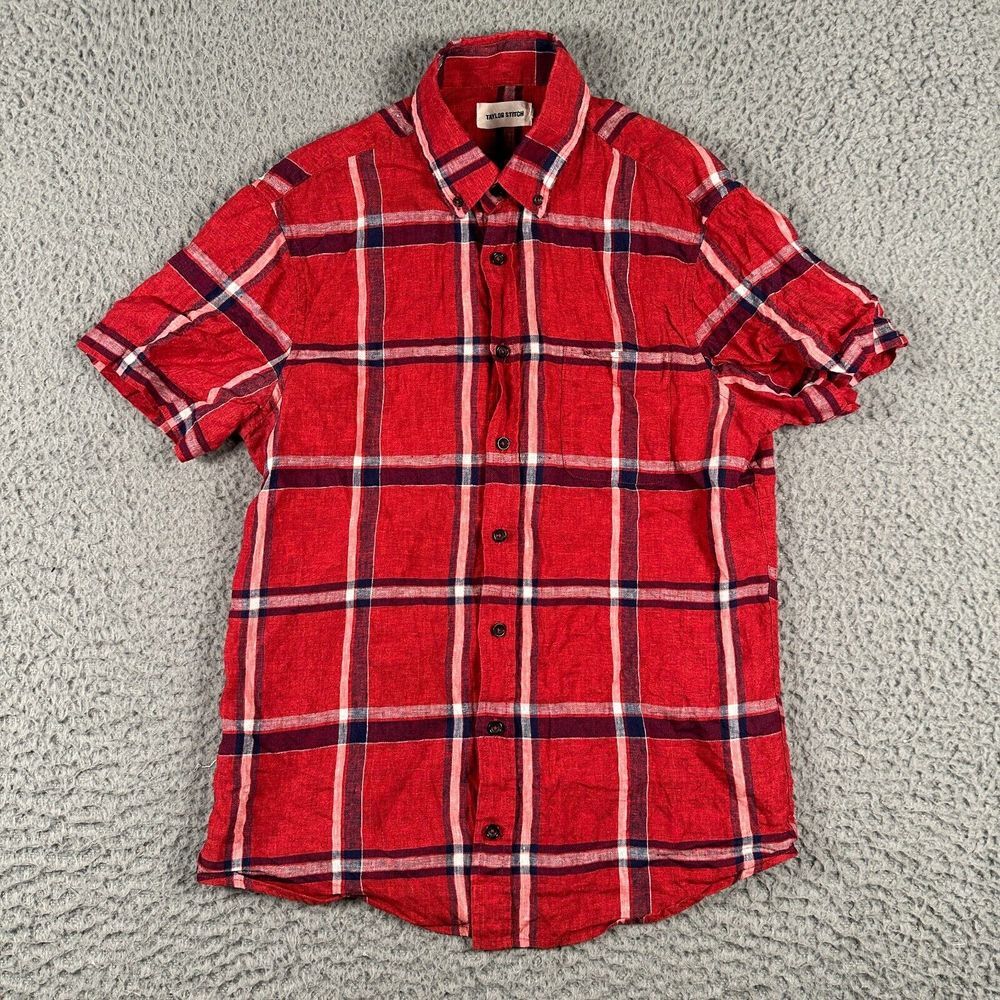 Taylor Stitch Jack‎ Shirt Mens 38 S Red Blue Plaid Button Down 100% Linen